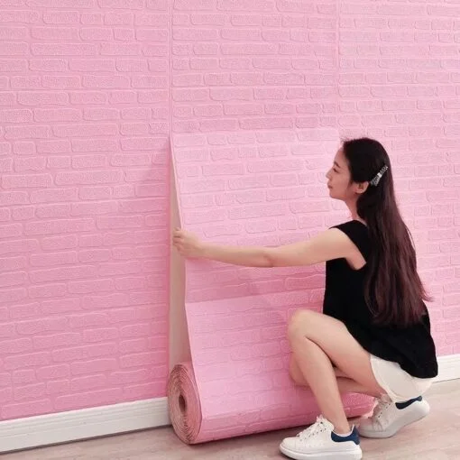 Pink । Self-Adhesive 3D Brick Pattern Foam Wall Sticker (27×120 inch) । CN-75