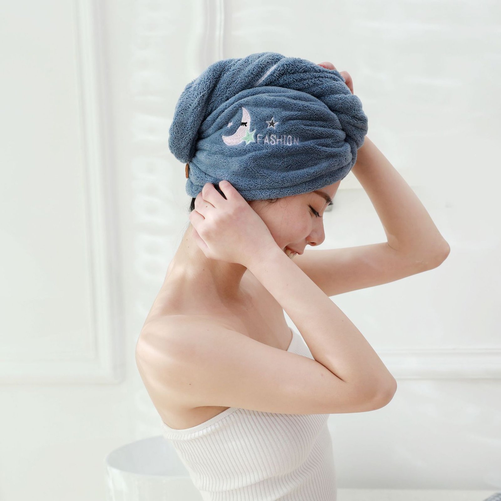 Blue । Microfiber Hair Drying Towel Shower Cap । CN-132 - Image 3