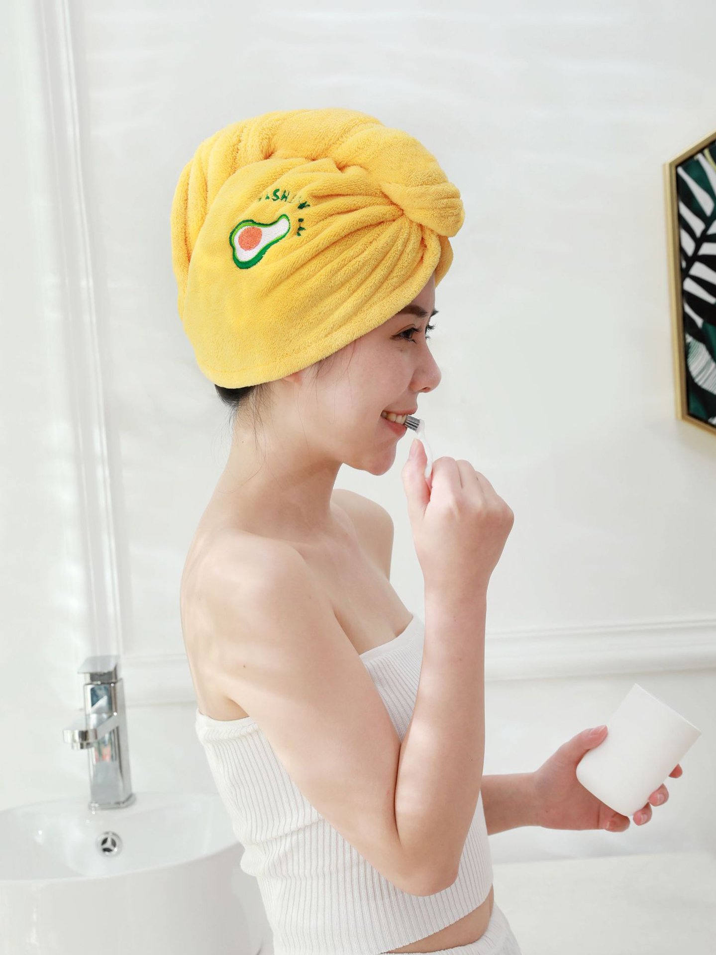 Yellow । Microfiber Hair Drying Towel Shower Cap । CN-132 - Image 3