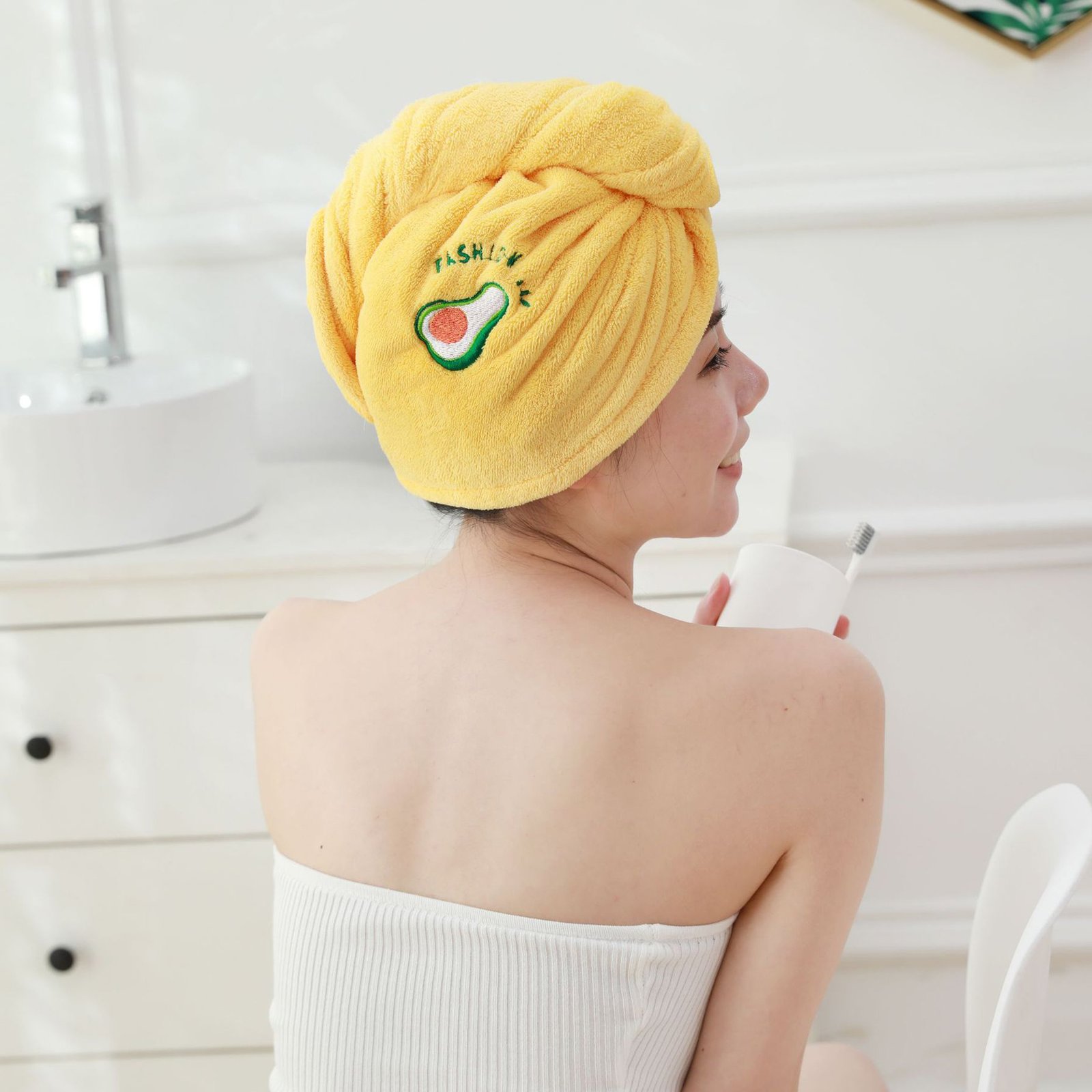 Yellow । Microfiber Hair Drying Towel Shower Cap । CN-132 - Image 4