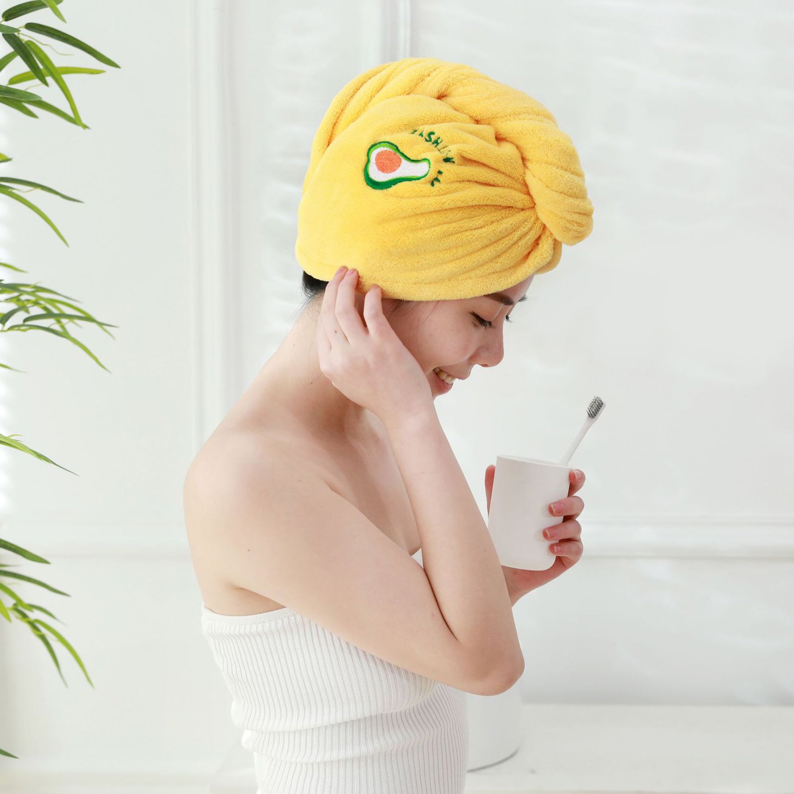 Yellow । Microfiber Hair Drying Towel Shower Cap । CN-132 - Image 5
