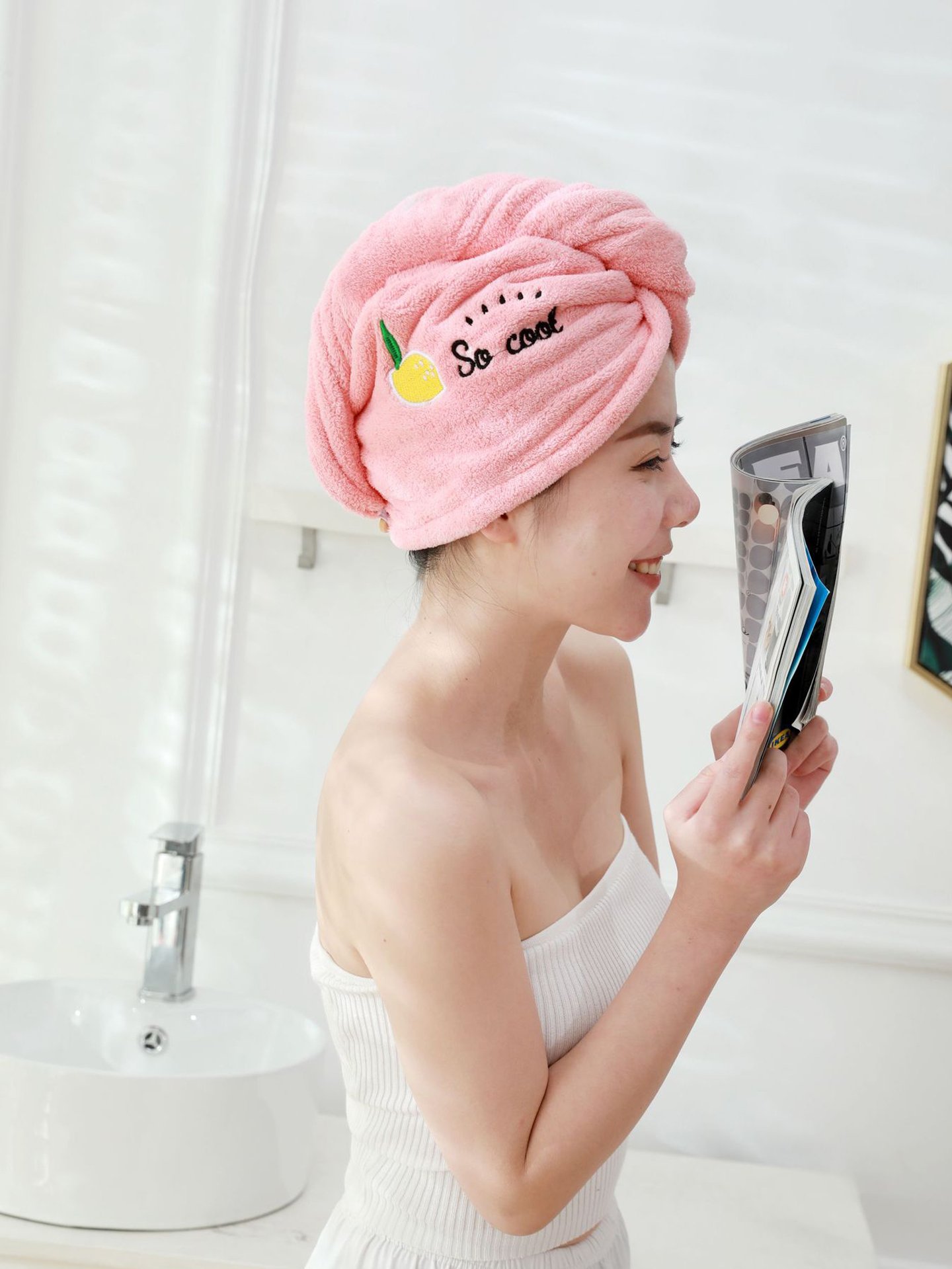Pink । Microfiber Hair Drying Towel Shower Cap । CN-132 - Image 4