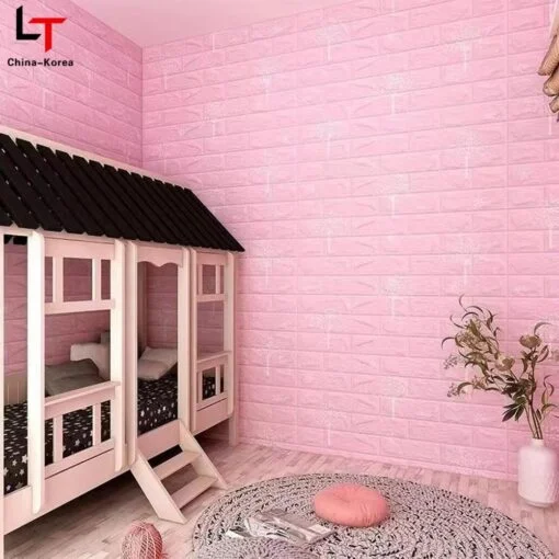 Pink । Self-Adhesive 3D Brick Pattern Foam Wall Sticker (27×120 inch) । CN-75